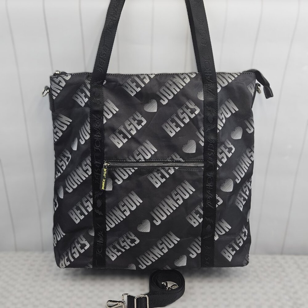Black Logo Betsey Johnson Tote Bag Pink Rose Lining Shoulder Strap Travel Nylon